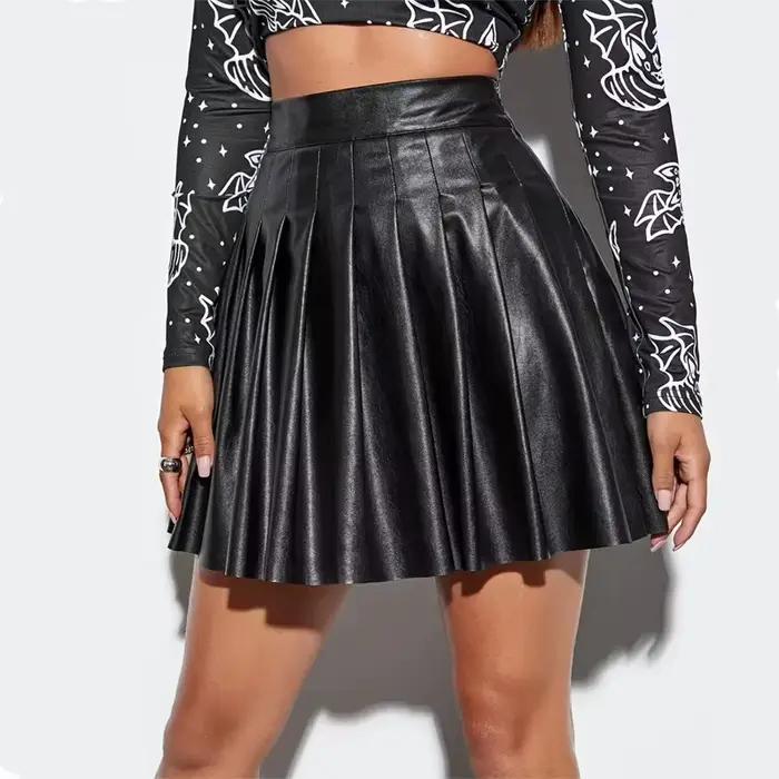 Mini-jupe plissée sexy en similicuir pour femme, taille haute, décontractée, coupe trapèze, tenue co