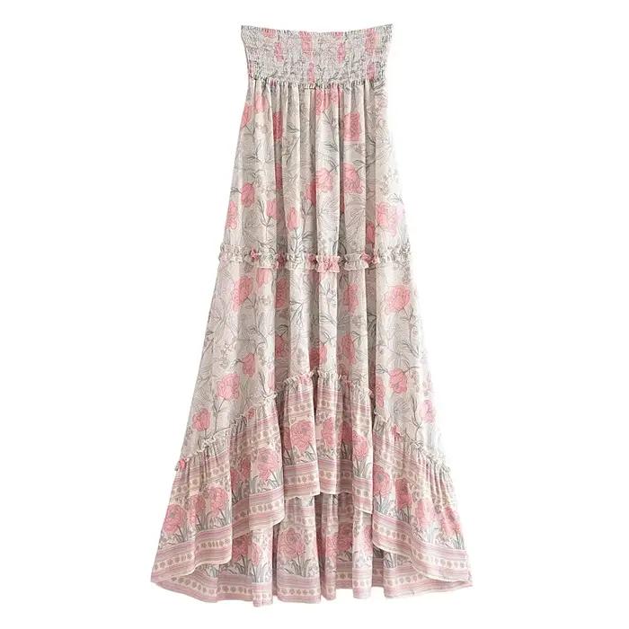 Happie Queens Fashion Vintage Women Beach Bohemian Floral Print Skirt High Low Sexy Ruffles Maxi A-L