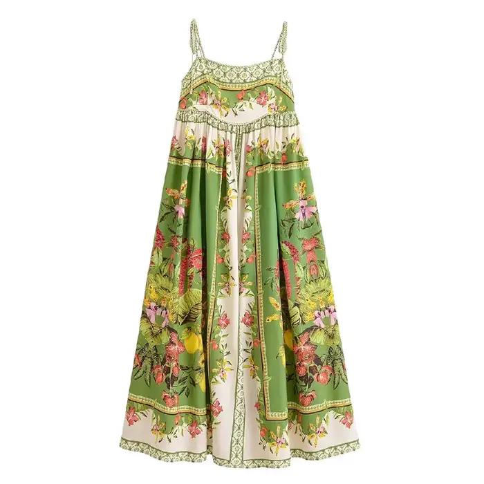 Robe longue mi-mollet bohème verte à imprimé floral contrastant avec nœud et laçage, pour femme, idé