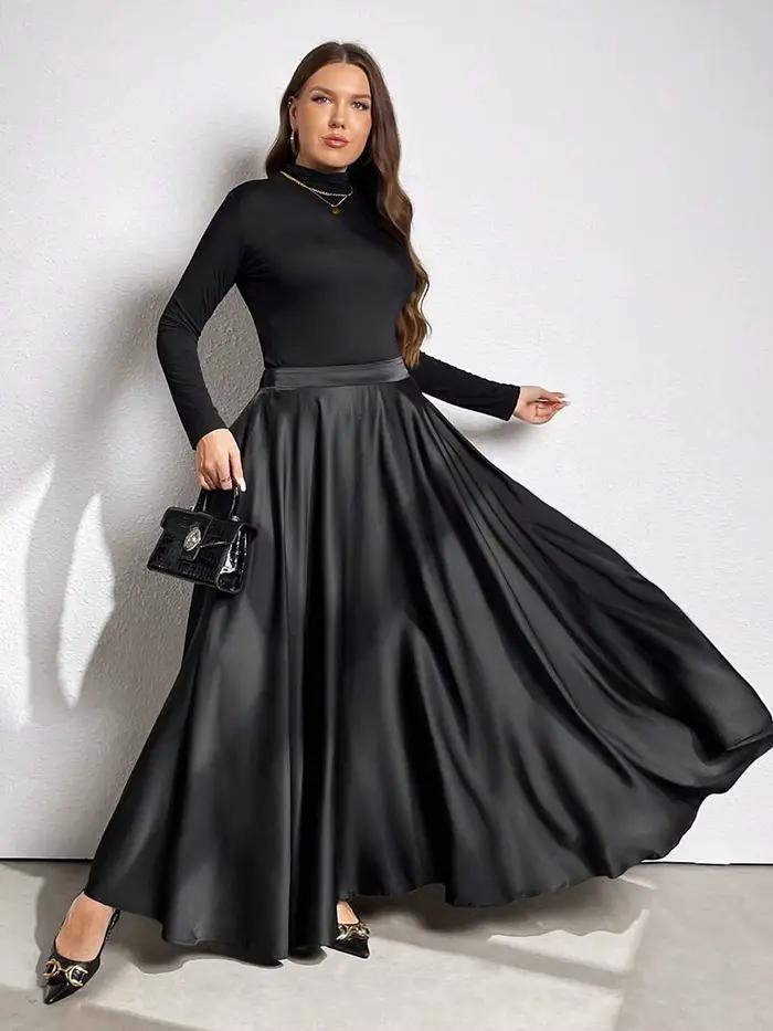 Jupe évasée élégante pour femmes grandes tailles, couleur unie, taille élastique à l'arrière, avec p