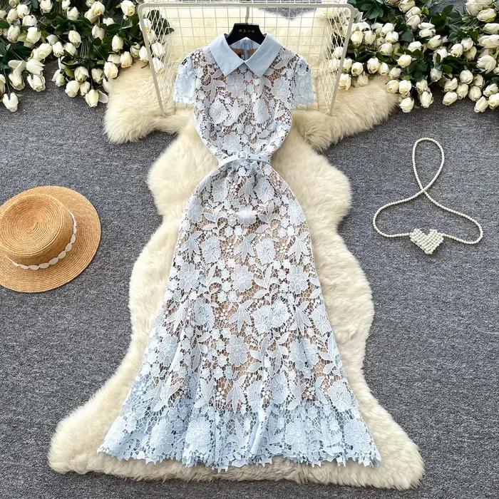 Robe longue rose pour femme avec col à revers, dentelle, manches courtes, ceinture, coupe sirène aju