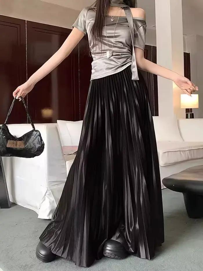 Jupe longue plissée en satin pour femmes grandes : jupe d'été évasée trapèze taille haute, coupe aju