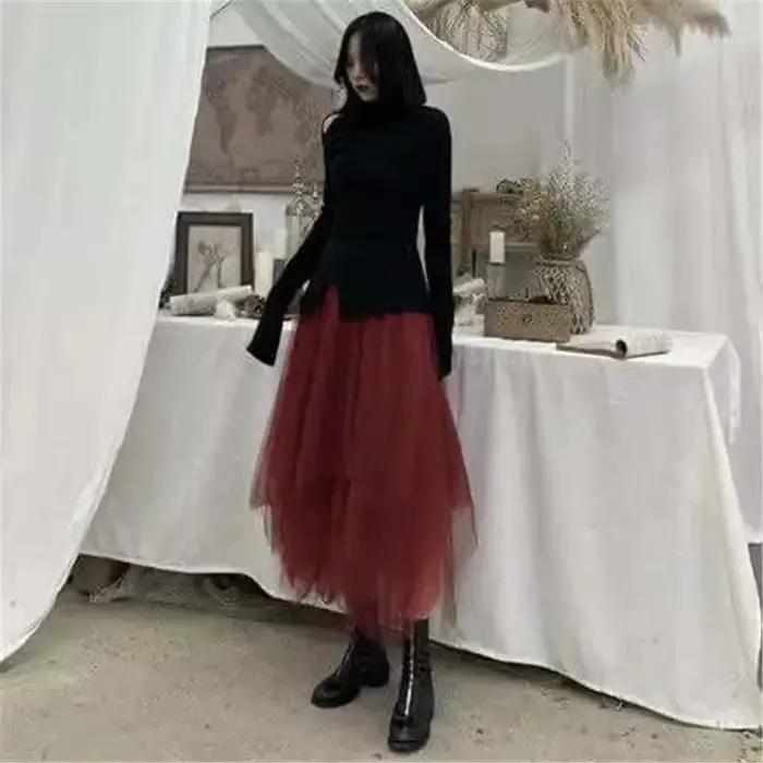 Jupes longues plissées irrégulières en tulle gris gothique, taille haute élastique, jupes mi-longues