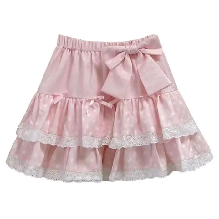 Mini jupe en dentelle à pois Kawaii pour femmes, jupe de soirée en couches, nœud en dentelle douce,