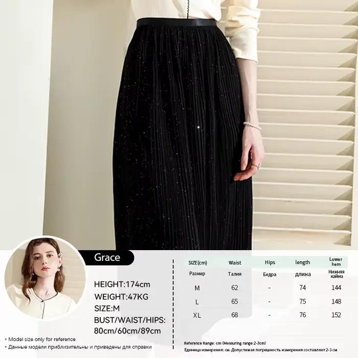 Je vous crois noir paillettes plissé a-ligne jupe 2025 automne élastique taille haute jupes rétro tr