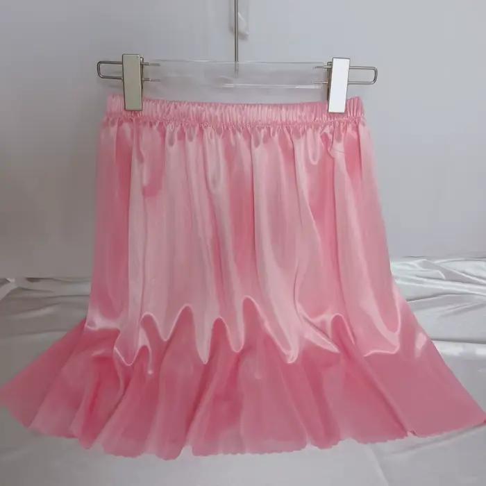 Jupe d'été en Satin de soie rose brillant pour femmes, longueur 45cm, élégante, taille haute, bas de