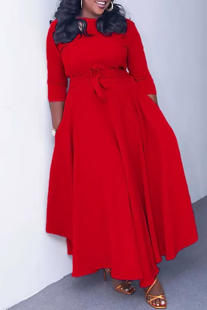 Robe de noël grande taille pour femmes, rouge, automne hiver, col rond avec poche, robes mi-longues
