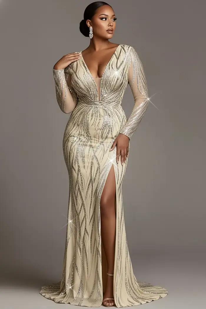 Robe de mariée grande taille en Tulle argenté, col en V, manches longues, fendue, élégante, moulante