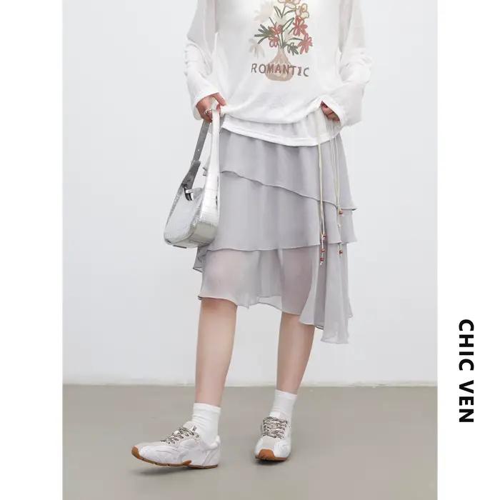 CHIC VEN Nouvelle Jupe Femme Design Innovant Taille Élastique Taille Haute Volants Irréguliers en Ch