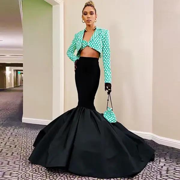 Élégant noir longue jupe sirène Style espagnol taille élastique Satin jupes de fête longueur de plan