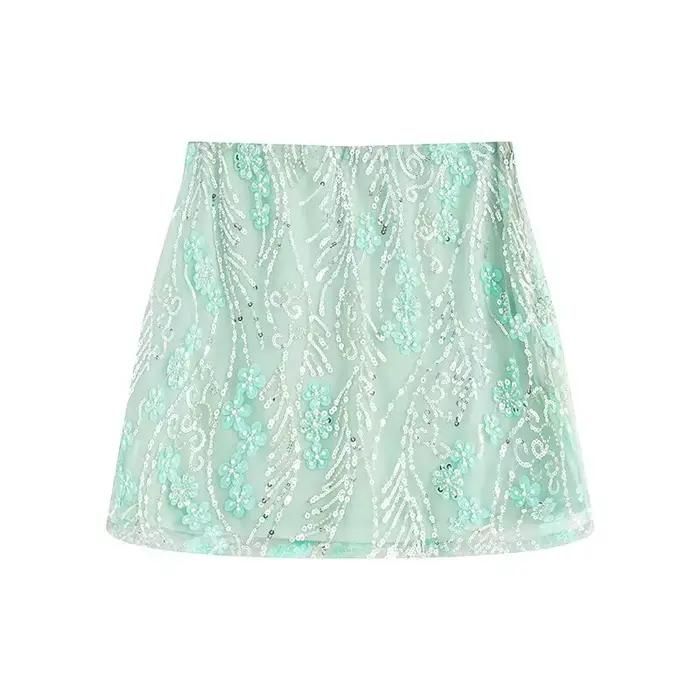 Mode florale paillettes perle Mini jupe pour les femmes vacances d'été perlé hanche paquet jupes cou