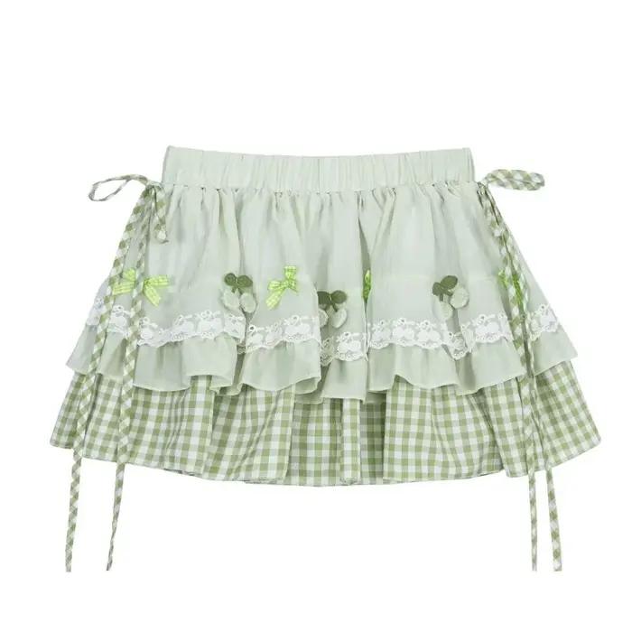 Mini-jupe verte à carreaux à volants pour femme, style Kawaii Lolita, décor cerise, bordure en dente