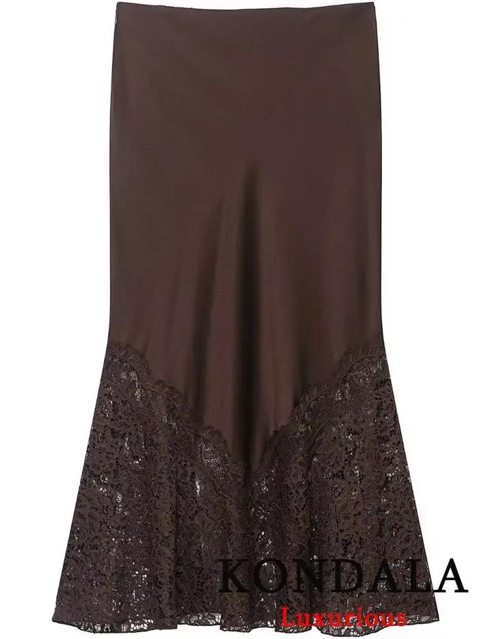KONDALA Vintage Chic chocolat marron Satin jupes avant fendu dentelle Midi jupes mode 2025 soirée Cl