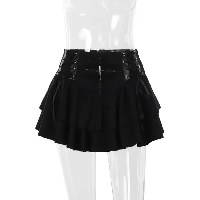 Mini jupe en dentelle noire à lacets croisés pour femmes, jupes courtes superposées A-Line, Vintage,