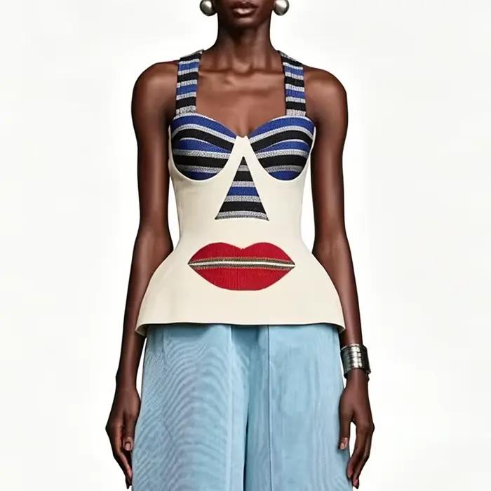Ensemble jupe longue à rayures imprimées tendance, haut sexy à col halter et jupe asymétrique, tenue