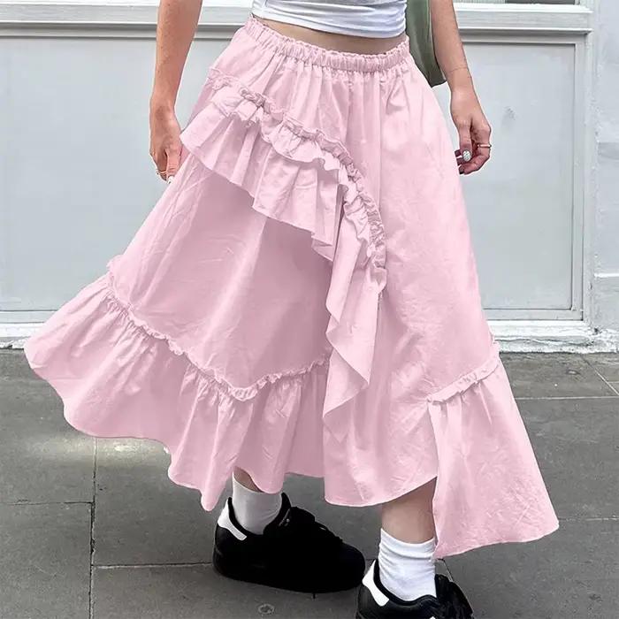 Jupe longue asymétrique de Style français pour femmes, taille élastique, douce, à volants en cascade