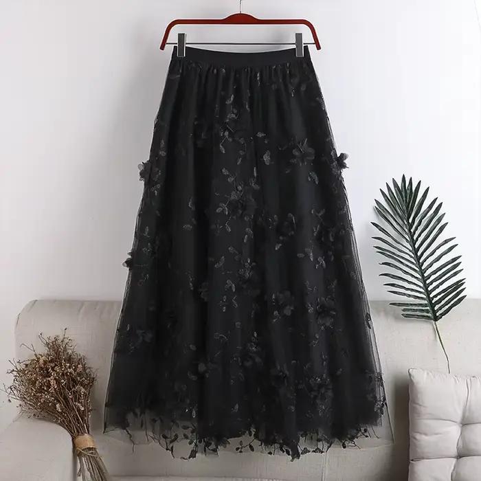 Nouvelle jupe femme brodée florale en maille épissée, jupe trapèze décontractée à taille haute élast