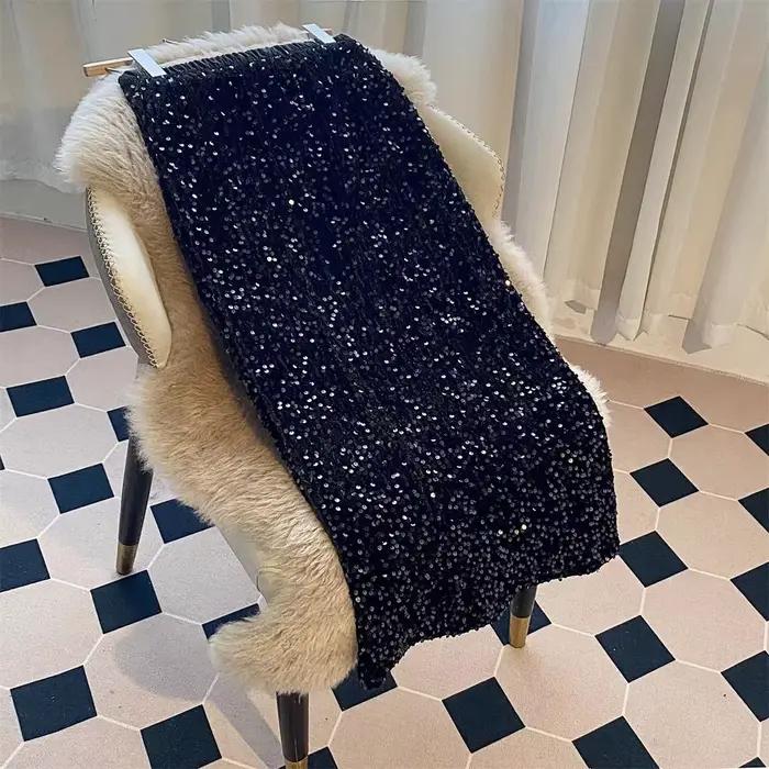 Jupe Maxi Faldas Mujer Vintage tempérament noir velours paillettes jupes Юбка jupe longue une ligne
