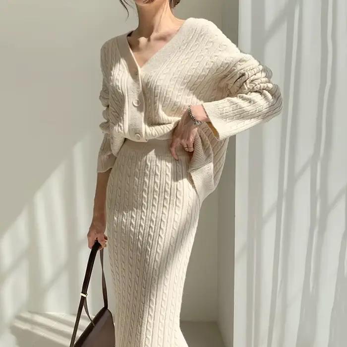 Ensemble 2 pièces jupe tricotée aux genoux pour femme, pull élégant à col en V, couleur unie et jupe