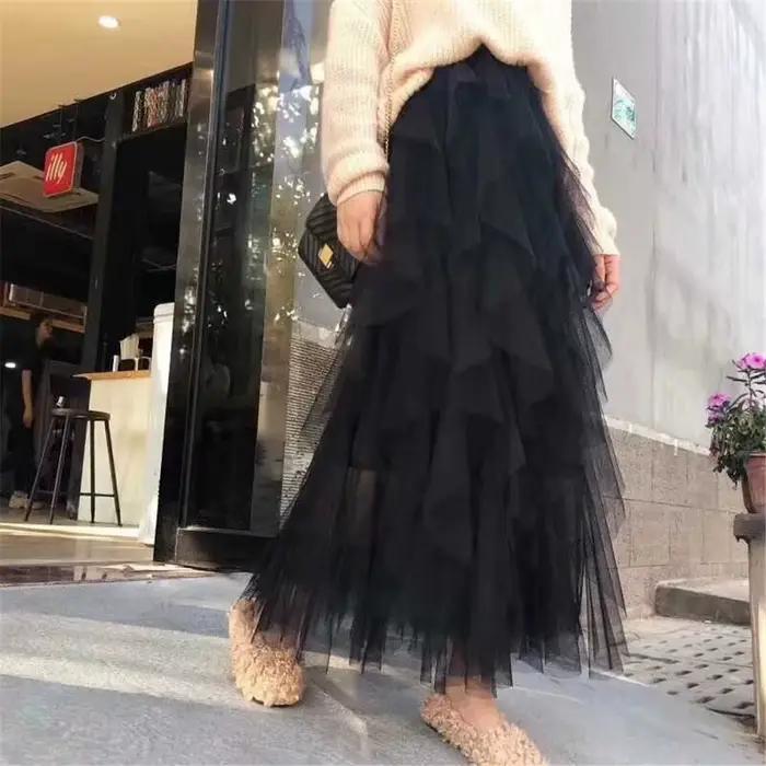 Jupe tutu taille haute en maille de tulle élastique pour femme, mode coréenne, irrégulière, longue,