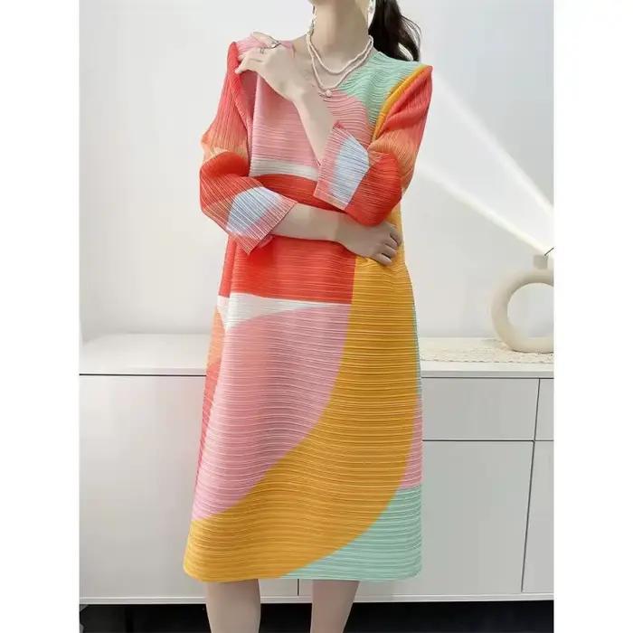 Robe plissée mi-longue pour femme, amincissante, surdimensionnée, élégante, ample, imprimée, réducti