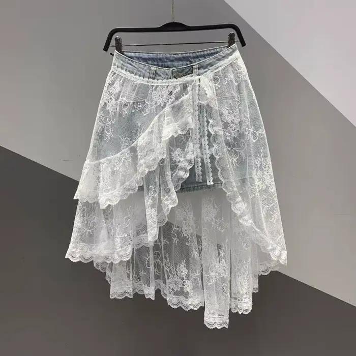 Jupe en jean taille haute amincissante pour femme, avec dentelle et empiècements, effet rajeunissant