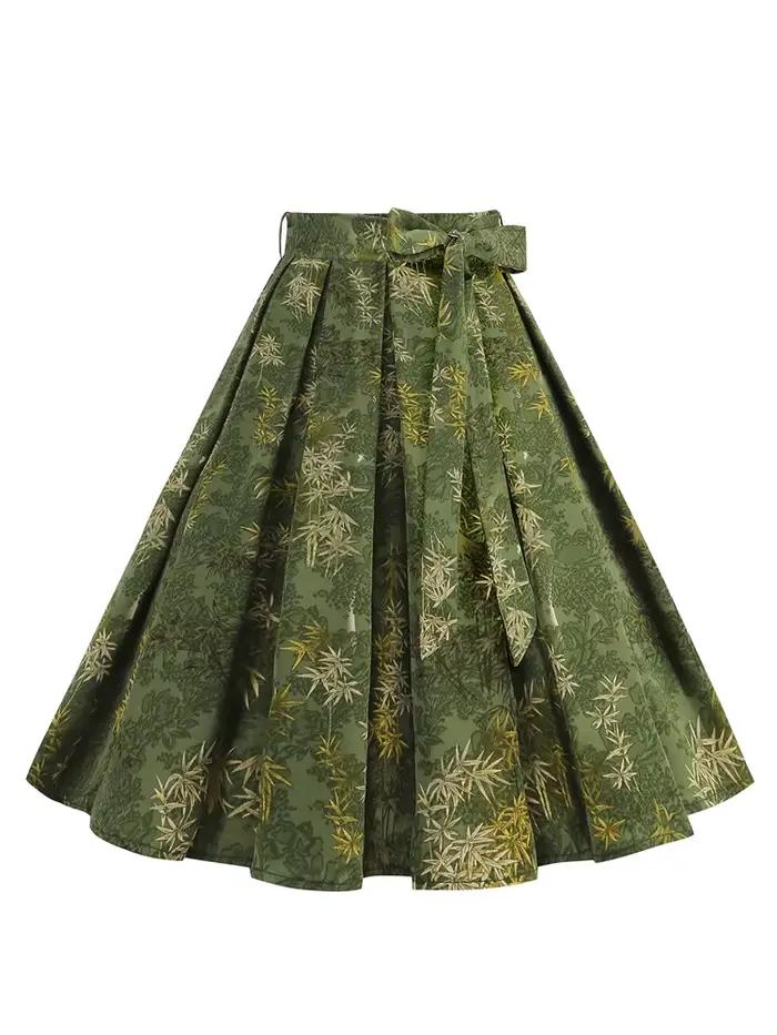 Tonval-Jupes plissées à imprimé botanique vert pour femmes, ceinturées, longueur au genou, style vin