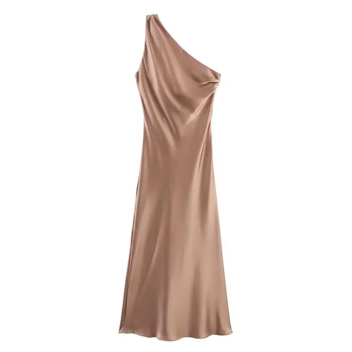 Robe longue élégante asymétrique en satin de soie, design tendance, style streetwear, taille haute,