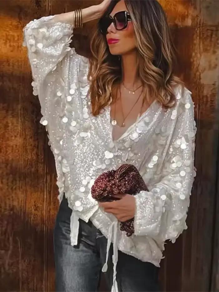 Nouveaux hauts amples à lacets et sequins pour femmes, col en V profond brillant, manches longues, p