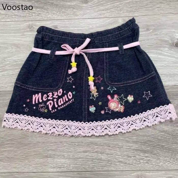 Jupe en jean Style Lolita japonais Kawaii pour femmes, Mini jupe de fête en dentelle, dessin animé d