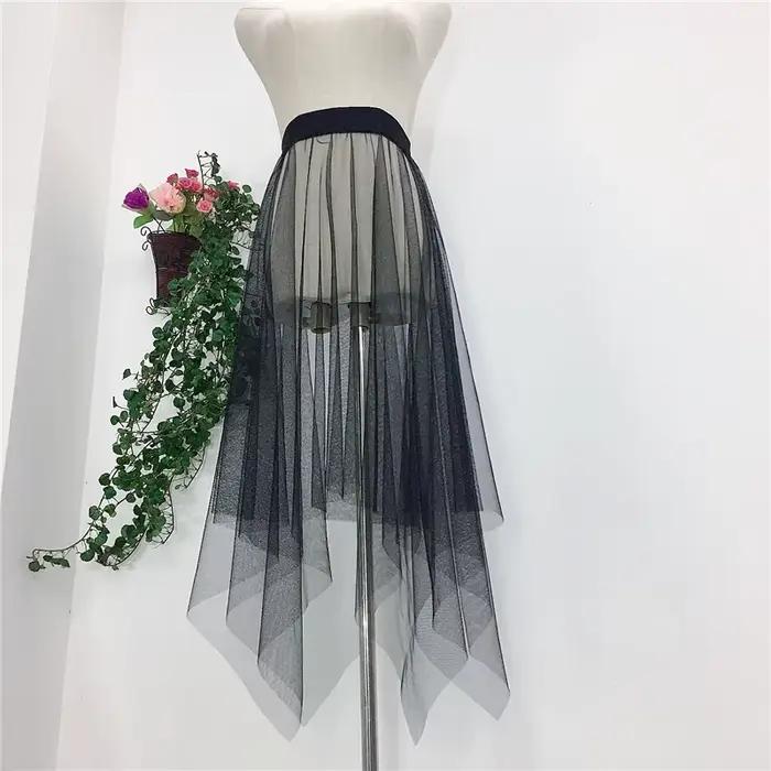 Jupe plissée en maille transparente pour femmes, Tutu en Tulle, taille haute, longue jupe noire irré