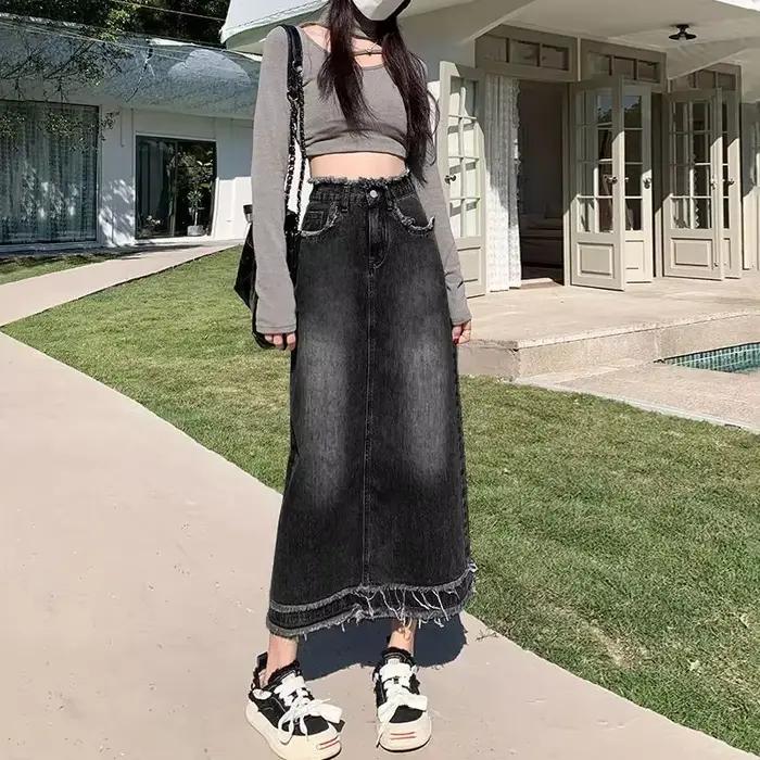 Jupes en jean pour femmes bleu taille haute frange femme jupe en jean Midi Premium modeste une ligne