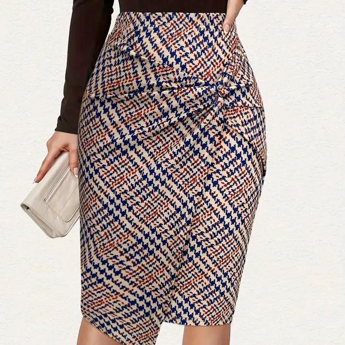 Jupe crayon à imprimé pied-de-poule pour femmes | Jupe midi à nœud torsadé avec ourlet asymétrique