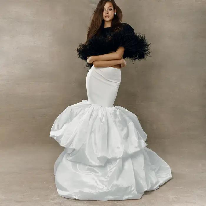 Jupe de mariée sirène taille haute pour femme avec traîne à volants en satin, jupe de soirée blanche