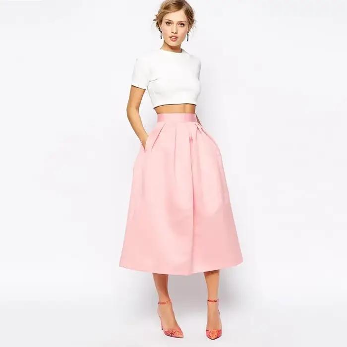 Jupes trapèze plissées en satin rose pour dames, fermeture éclair invisible, taille chic, longueur t