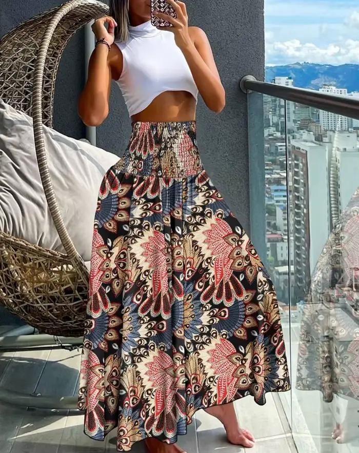 Jupe longue en coton pour femmes, imprimé floral, côté droit, taille haute, été
