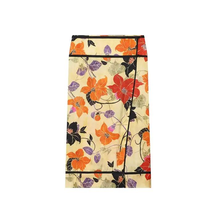Jupe midi élégante en satin imprimé pour femme, taille haute, fendue, coupe droite, nouvelle collect