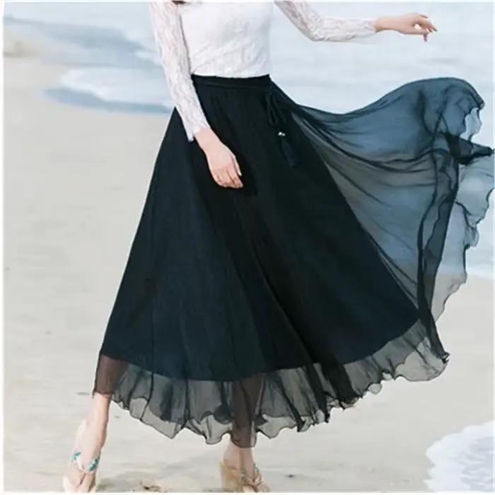 Robe de danse taille haute en mousseline de soie dorée pour femmes, jupe complète, mince, brillante,