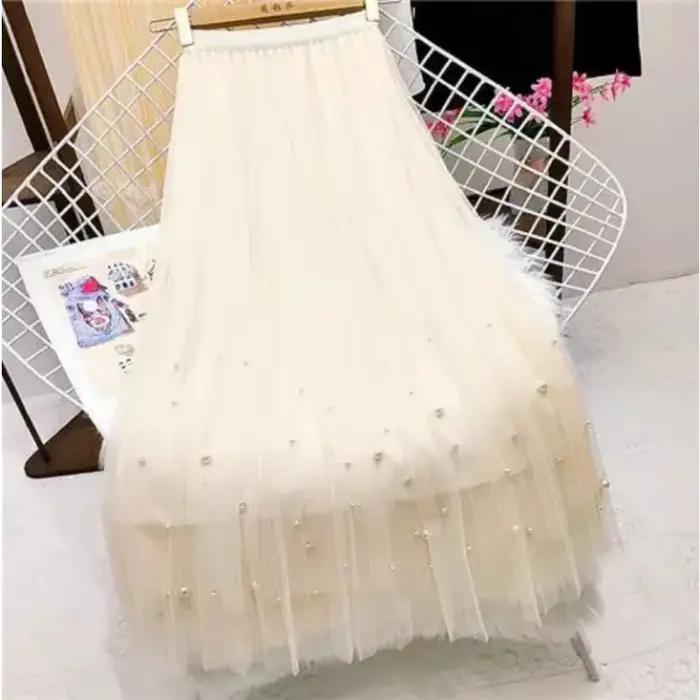 Jupe plissée en tulle mi-longue à taille haute pour femme, avec décoration de perles et empiècements