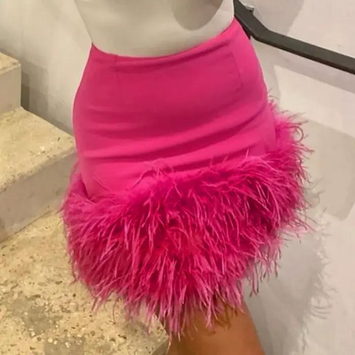 Nouveau en rose jupes trapèze pour femmes taille haute froncé moulante Mini jupe plume ourlet fête C