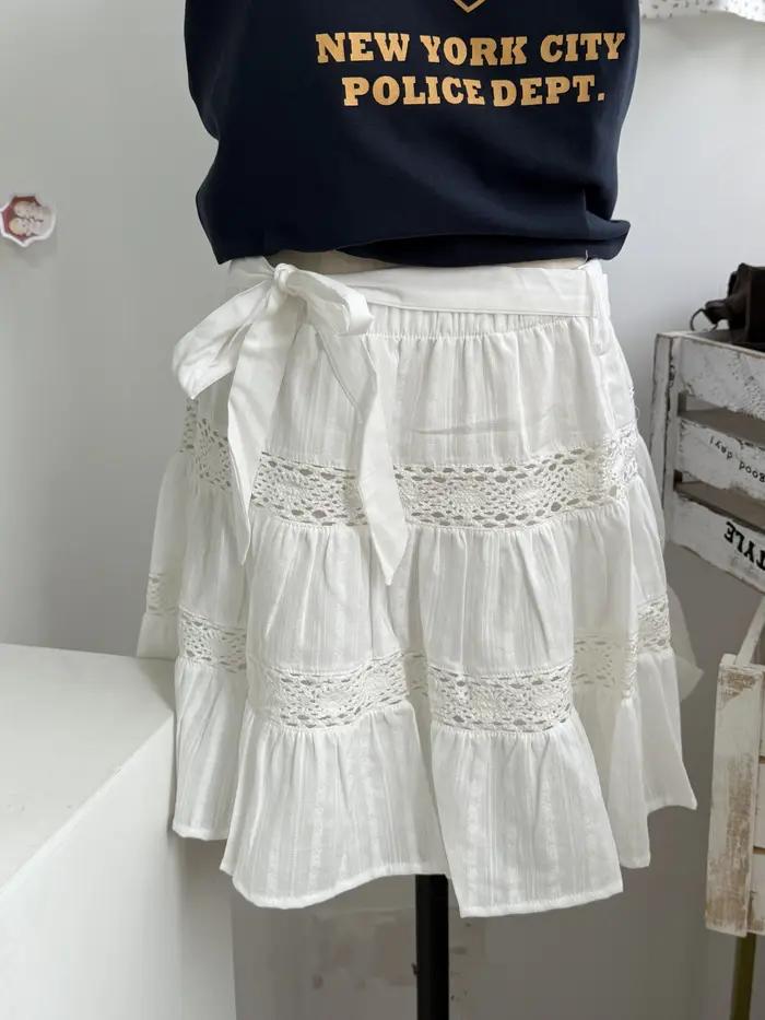 Jupes trapèze blanches brodées en dentelle pour femmes, en coton, taille haute élastique, avec ourle