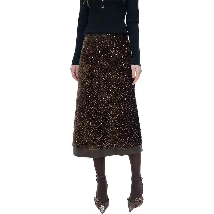 ELFSACK 2025 jupe en velours à paillettes pour femmes, jupe mi-longue trapèze Double couche à paille