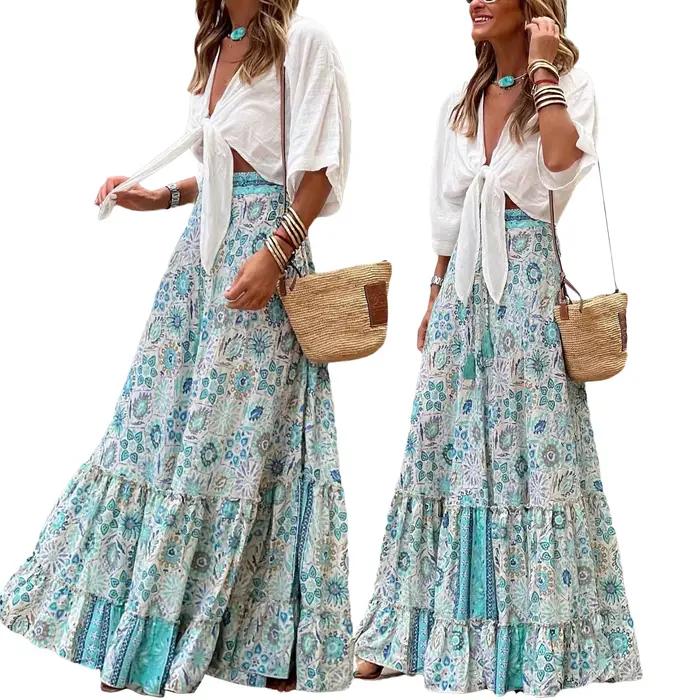 Femmes fluide Boho jupe imprimé ourlet à volants été jupe longue décontractée pour plage vacances Cl