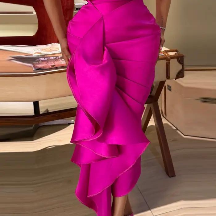 Jupe en satin asymétrique élégante pour femme, jupe plissée taille haute pour l'été, jupe de fête mi