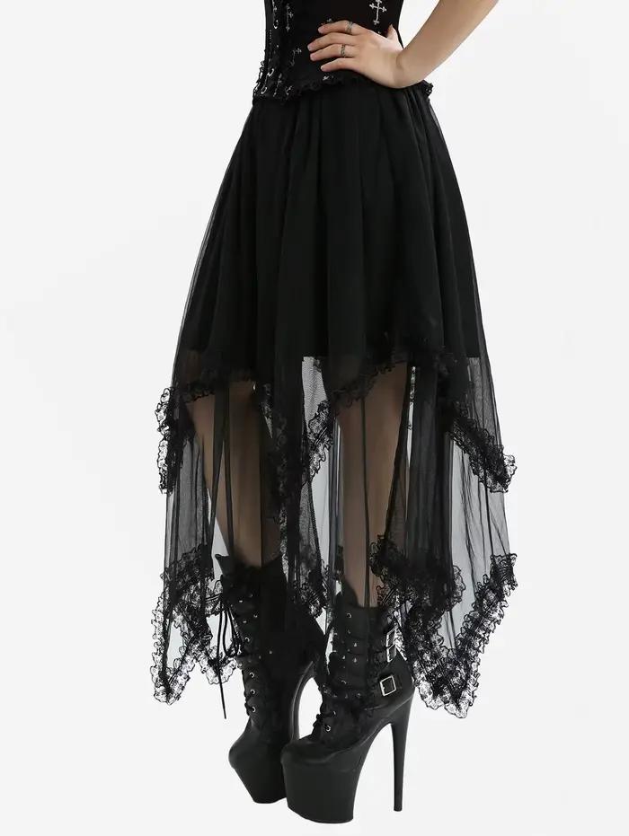 Nouvelles jupes gothiques avec mouchoir pour femmes – Jupe mi-longue asymétrique noire avec bordure