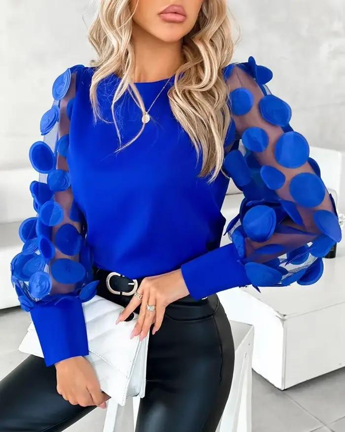 2025 chemise femme manches longues automne printemps mode col rond dentelle pétale manches Blouse vê