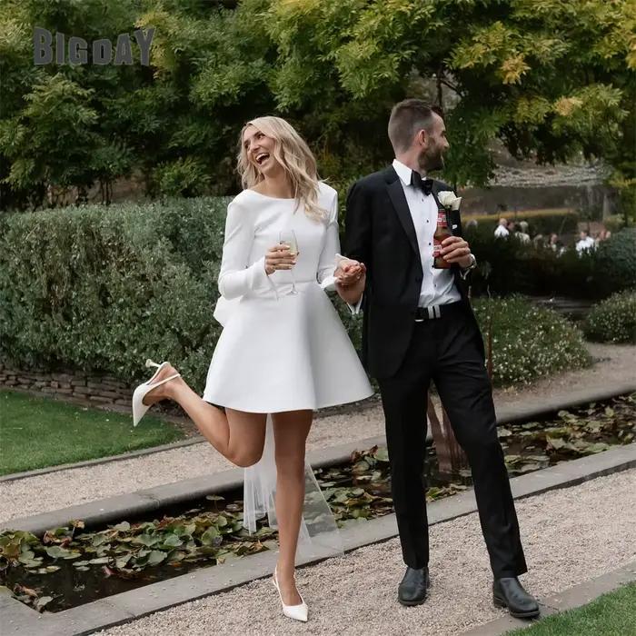 Robe De mariée trapèze avec nœud élégant pour femmes, col rond, manches longues, dos ouvert, au-dess