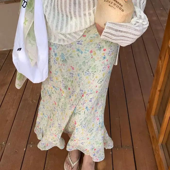 Jupe midi évasée taille haute à imprimé floral pour femme, nouveau style d'été, amincissante, mi-lon