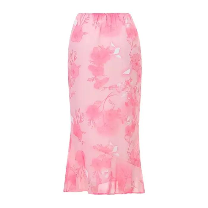 Femmes jupes longues à fleurs taille basse en mousseline de soie jupe droite fluide 2024 été automne