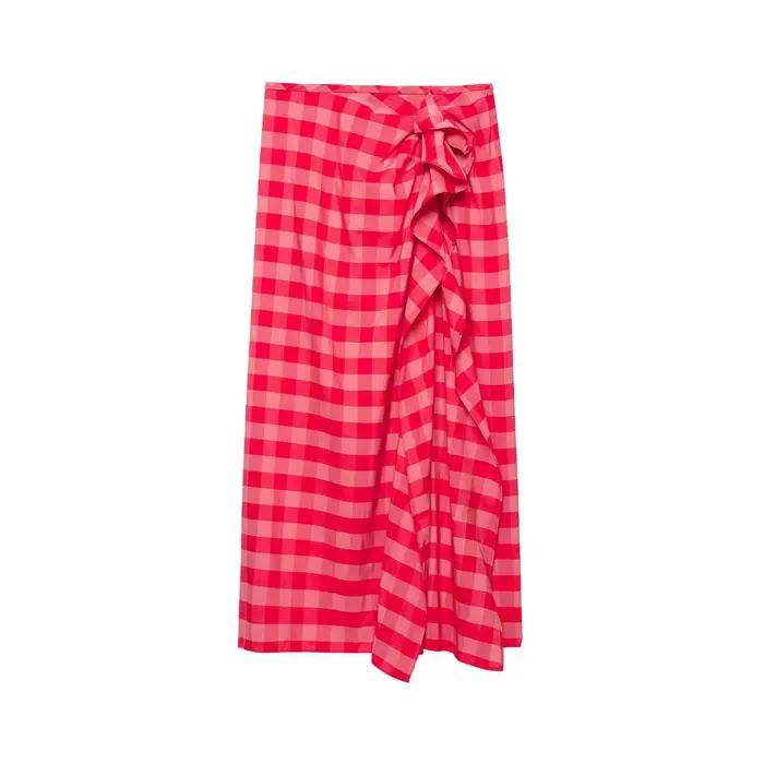 Jupe longue asymétrique à carreaux vichy vintage française pour femme, élégante, drapée à volants, t